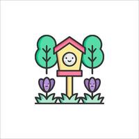 Birdhouse with flowers and trees in the background vector
