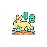 A cute bunny sitting on a hill with plants and trees vector