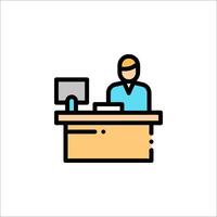 A man at a desk with a computer and monitor vector