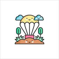 A cartoon character flying over a field with a sun and clouds vector