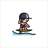 A cartoon boy riding a surfboard on a wave vector