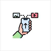 A hand holding a smartphone with an arrow pointing up vector