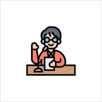 A man with glasses and a microphone is sitting at a desk vector