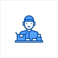 A man in a hat and glasses is sitting at a desk with a box vector