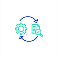 A blue and green icon of a gear and a magnifying glass vector