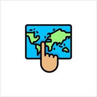 Hand pointing at a world map icon vector
