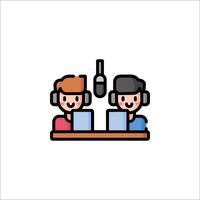 Two people in headphones working on a computer vector
