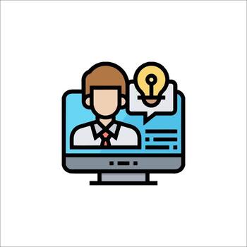 un hombre con un ligero bulbo en su cabeza es en un computadora pantalla vector