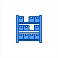 A blue shelf with boxes on it vector