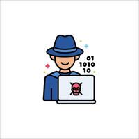 A man in a hat and a hat is holding a laptop with a skull on it vector