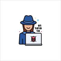 A person in a hat and a hat is holding a laptop with a skull on it vector