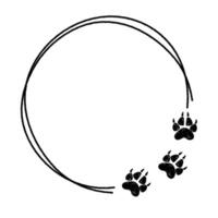Circle frame with pet paw print. Wild animal track footprints in brush stroke texture paint style. Traces of animals. chalk graphic elements vector
