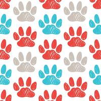 Seamless pattern with hand drawn pet paw prints. Domestic cat track footprints in brush stroke texture paint style vector