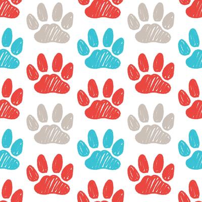 Seamless pattern with hand drawn pet paw prints. Domestic cat track footprints in brush stroke texture paint style