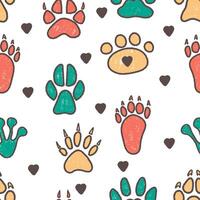 Seamless pattern with hand drawn pet paw prints. Domestic cat track footprints in brush stroke texture paint style vector