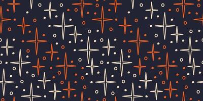 Seamless pattern with hand drawn star sparkle shine on dark blue. Charcoal pen drawn star shine glow, spark glitter, sparkle light. Modern print for textile, fabric, wallpaper, wrapping and packaging vector