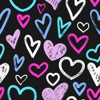 Seamless pattern with hand drawn hearts in brush stroke texture paint style on black. Romantic print for valentines day. Great for textile, fabric, wallpaper, wrapping, scrapbook and packaging vector