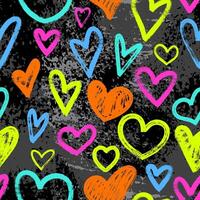 Seamless pattern with hand drawn hearts in brush stroke texture paint style in neon colors. Trendy print for valentines day. Great for textile, fabric, wallpaper, wrapping, scrapbook and packaging vector