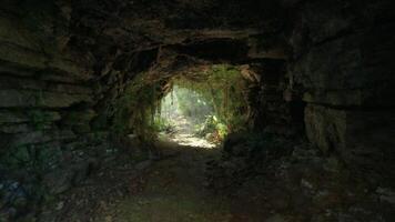 A mysterious tunnel with a glimmer of light at the end. mountain path video
