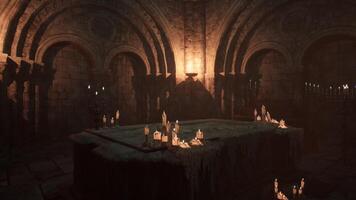 A dimly lit room with a table illuminated by a temple candle video