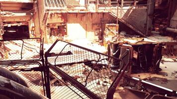A dilapidated building with scattered debris on the ground video