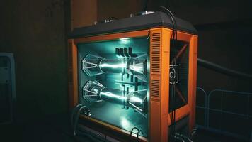 Advanced energy generator in a futuristic laboratory setting at night video