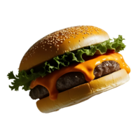 Flying delicious burger on transparent background. Ai Generation png