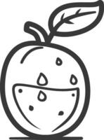 An apple with a leaf on it is shown in a line drawing vector