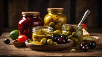 A rustic display of jars filled with olives, pickles, and tomatoes on a wooden table. photo