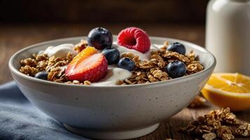 A bowl of yogurt topped with granola and fresh berries, served with a slice of lemon. photo