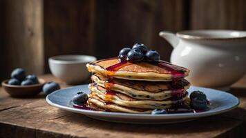 A stack of pancakes topped with blueberries and syrup on a rustic wooden table. photo