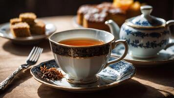 A serene tea setting with a cup, teapot, and cake, inviting relaxation and enjoyment. photo