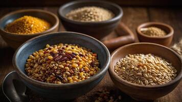 A variety of grains and seeds displayed in rustic bowls on a wooden surface. photo