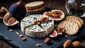 A delicious cheese platter with figs, nuts, and crackers on a slate board. photo