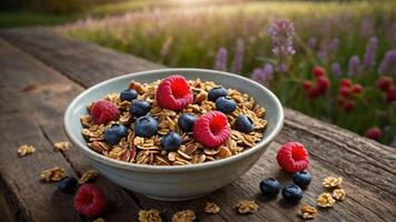 A bowl of granola topped with fresh blueberries and raspberries, set against a scenic background. photo