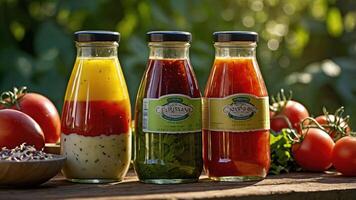 Three colorful jars of sauces displayed with fresh tomatoes and herbs in a natural setting. photo