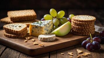 A wooden platter featuring assorted cheeses, crackers, grapes, and an apple for a snack or appetizer. photo