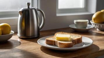 A slice of buttered toast on a plate with a kettle and lemons in a bright kitchen setting. photo