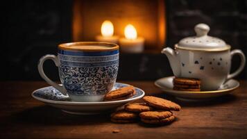 A cozy scene with a cup of coffee, cookies, and a teapot, evoking warmth and relaxation. photo