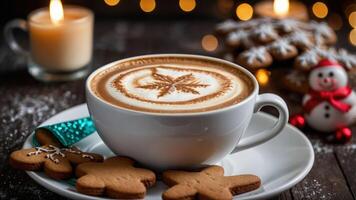 A cozy scene featuring a latte with a snowflake design, gingerbread cookies, and warm ambiance. photo