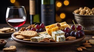 A beautifully arranged cheese platter with wine, grapes, nuts, and crackers for a gathering. photo