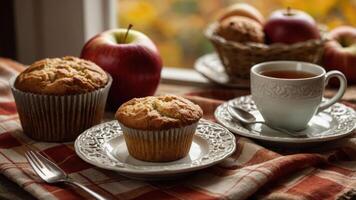 A cozy setting featuring muffins, apples, and tea, perfect for a relaxing afternoon. photo