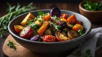 A colorful bowl of roasted vegetables garnished with herbs, showcasing healthy eating. photo