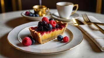 A slice of tart topped with berries, served with a cup of coffee on an elegant table setting. photo