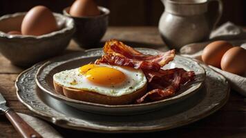 A hearty breakfast featuring eggs, bacon, and toast on a rustic table. photo