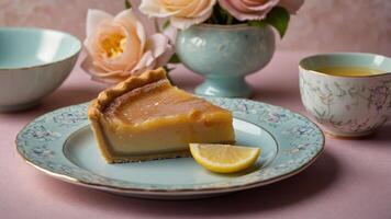 A slice of lemon pie on a decorative plate with flowers and tea in the background. photo