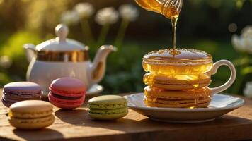 A serene afternoon tea scene with macarons and honey in a garden setting. photo