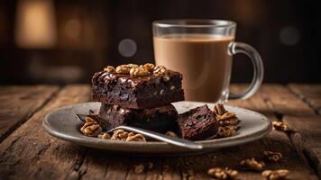 A plate of brownies topped with walnuts beside a cup of coffee on a rustic wooden table. photo
