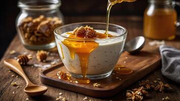A bowl of yogurt drizzled with honey, topped with honeycomb, on a wooden surface. photo
