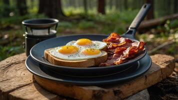 A rustic breakfast of eggs and bacon served in the woods. photo